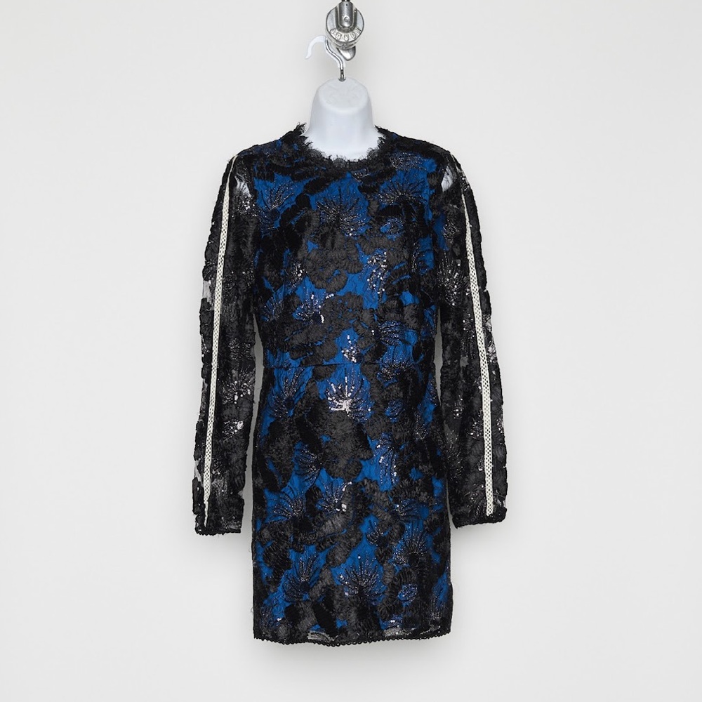 Halston Heritage Black And Blue High Neck Lace Sequin Long Sleeve Mini Dress